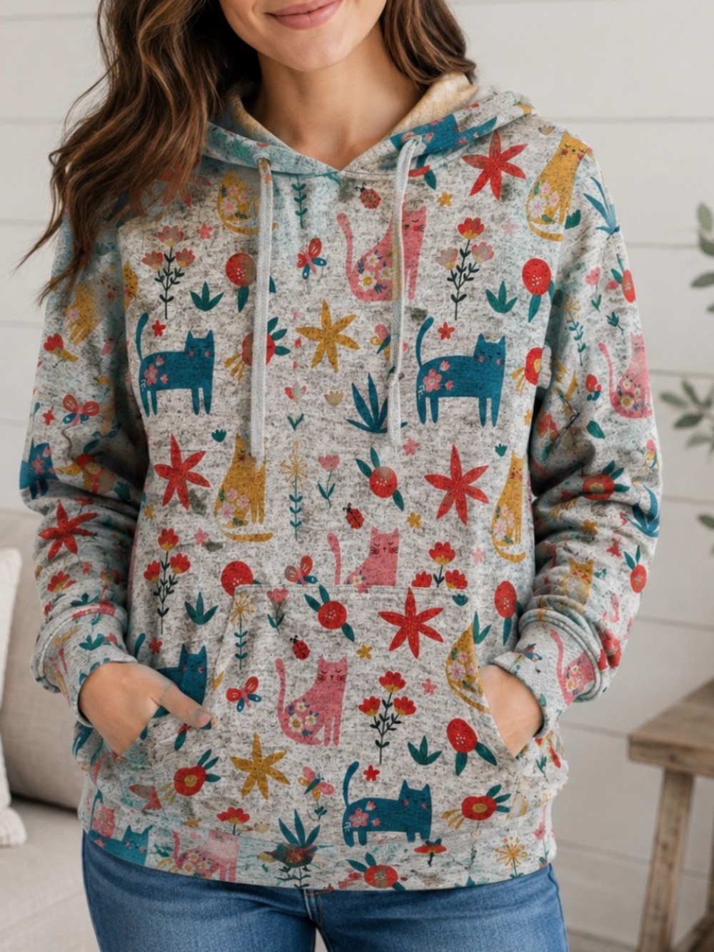 L.A. Soul Cat Floral Print Pullover Hoodie Size Medium